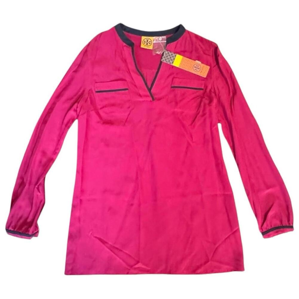 NWT Tory Burch Tamara Tunic Silk Long Sleeve Blouse Top Pink Fuchsia Blue - Picture 3 of 9